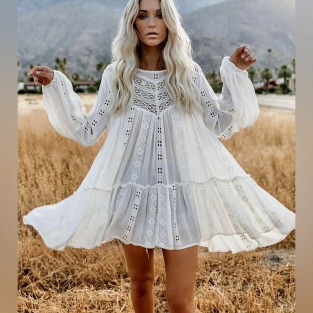 Free People Kiss Kiss Ivory White Tunic Bohemian Lace Embroidered Top Small